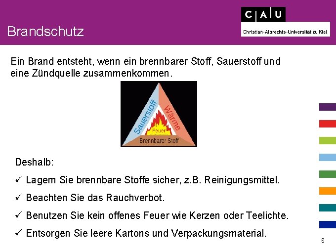 Brandschutz Ein Brand entsteht, wenn ein brennbarer Stoff, Sauerstoff und eine Zündquelle zusammenkommen. Deshalb: