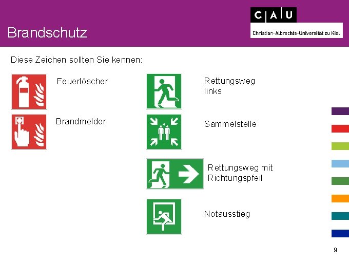 Brandschutz Diese Zeichen sollten Sie kennen: Feuerlöscher Rettungsweg links Brandmelder Sammelstelle Rettungsweg mit Richtungspfeil