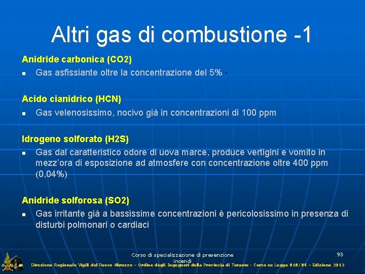 Altri gas di combustione -1 Anidride carbonica (CO 2) Gas asfissiante oltre la concentrazione
