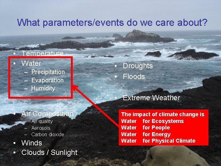 What parameters/events do we care about? • Temperature • Water – Precipitation – Evaporation