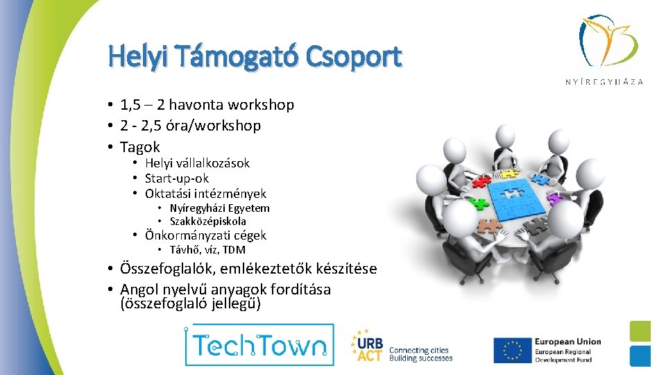 Helyi Támogató Csoport • 1, 5 – 2 havonta workshop • 2 - 2,