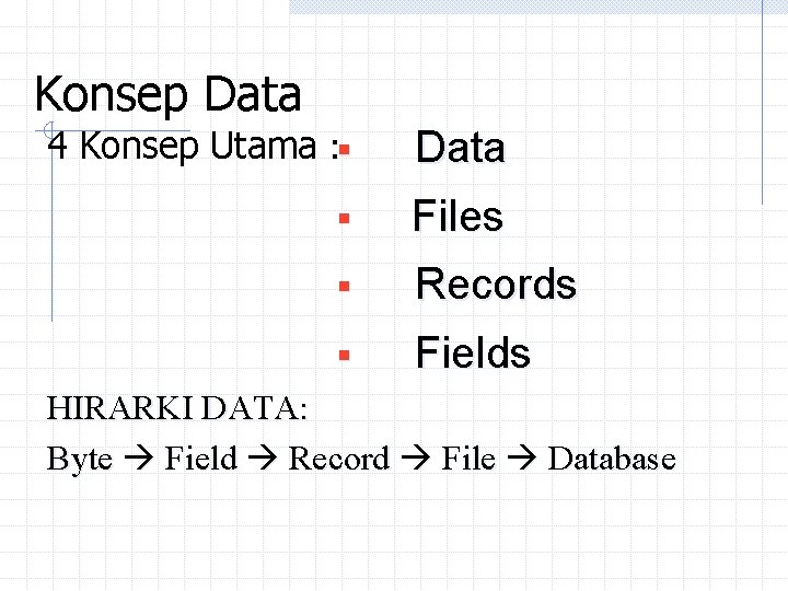 Konsep Data 4 Konsep Utama : § Data § Files § Records § Fields Konsep Data 4 Konsep Utama : § Data § Files § Records § Fields