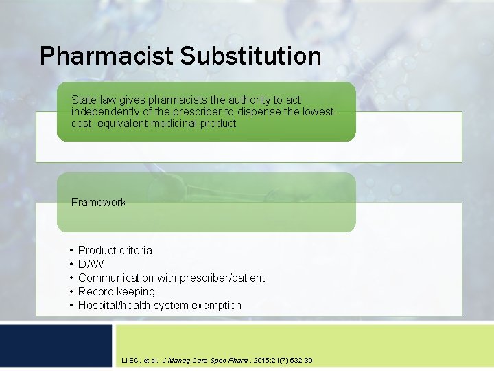 Pharmacist Substitution State law gives pharmacists the authority to act independently of the prescriber