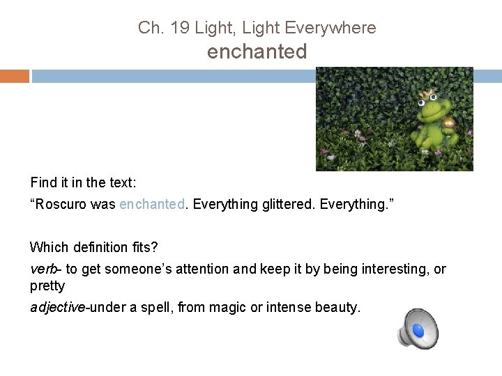 Ch. 19 Light, Light Everywhere enchanted Find it in the text: “Roscuro was enchanted.