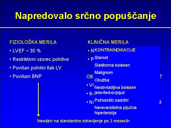 Napredovalo srčno popuščanje FIZIOLOŠKA MERILA KLINIČNA MERILA • LVEF < 35 % KONTRAINDIKACIJE •