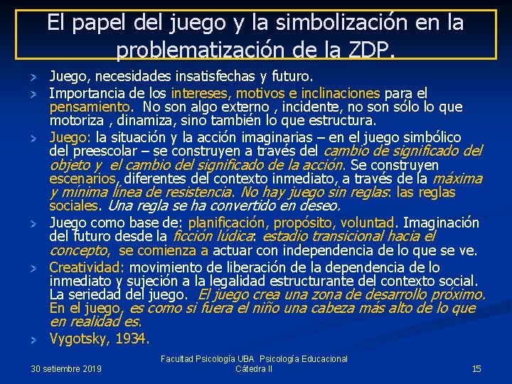 El papel del juego y la simbolización en la problematización de la ZDP. Juego,