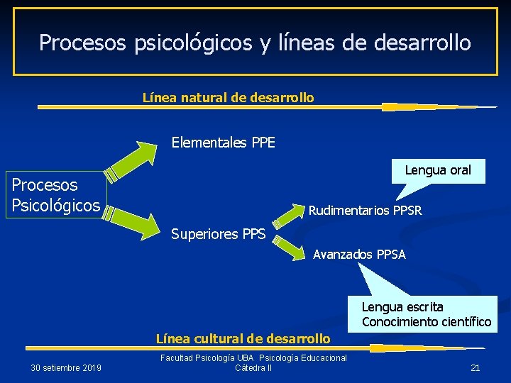 Procesos psicológicos y líneas de desarrollo Línea natural de desarrollo Elementales PPE Lengua oral