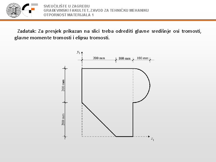 SVEUČILIŠTE U ZAGREBU GRAĐEVINSKI FAKULTET, ZAVOD ZA TEHNIČKU MEHANIKU OTPORNOST MATERIJALA 1 Zadatak: Za