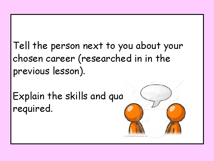 Tell the person next to you about your chosen career (researched in in the