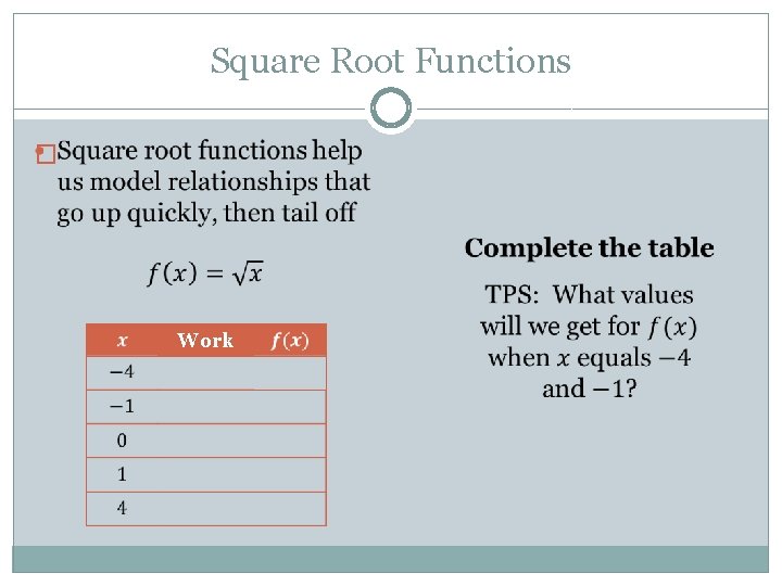 Square Root Functions � Work -- 