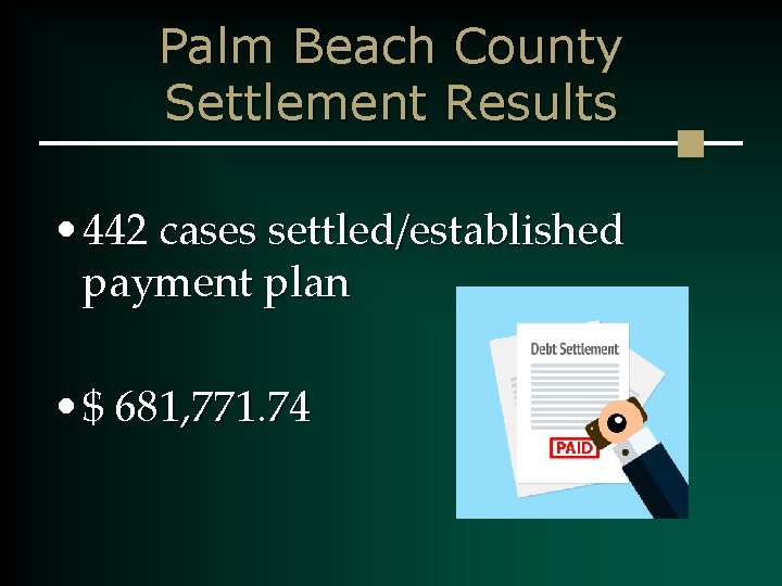 Palm Beach County Settlement Results • 442 cases settled/established payment plan • $ 681,