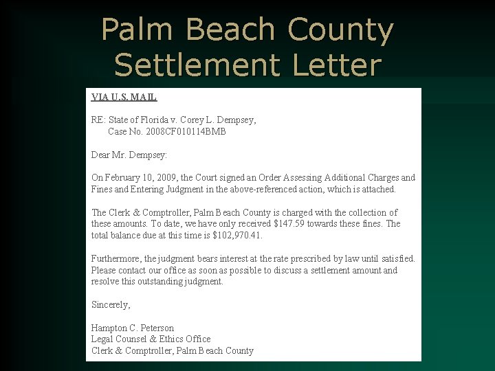 Palm Beach County Settlement Letter VIA U. S. MAIL RE: State of Florida v.