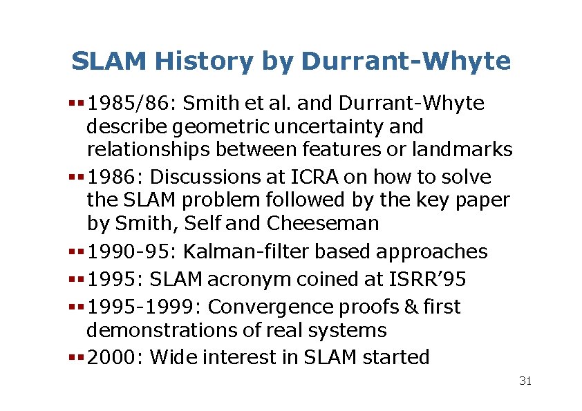 SLAM History by Durrant-Whyte 1985/86: Smith et al. and Durrant-Whyte describe geometric uncertainty and SLAM History by Durrant-Whyte 1985/86: Smith et al. and Durrant-Whyte describe geometric uncertainty and