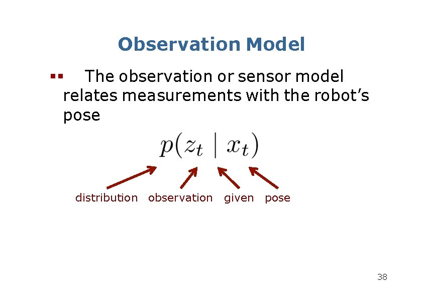 Observation Model The observation or sensor model relates measurements with the robot’s pose distribution