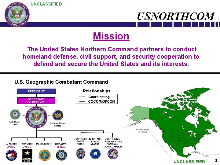 UNCLASSIFIED USNORTHCOM Mission The United States Northern Command partners to conduct homeland defense, civil