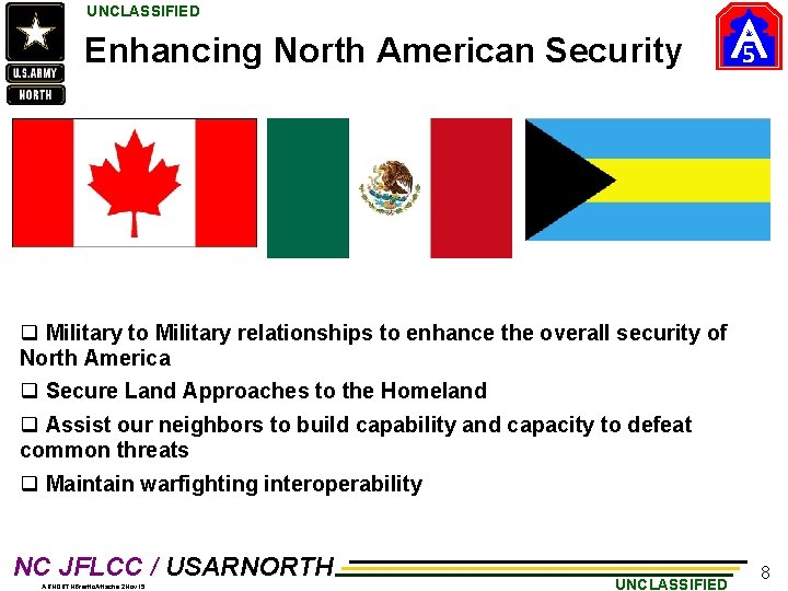 UNCLASSIFIED Enhancing North American Security 5 q Military to Military relationships to enhance the