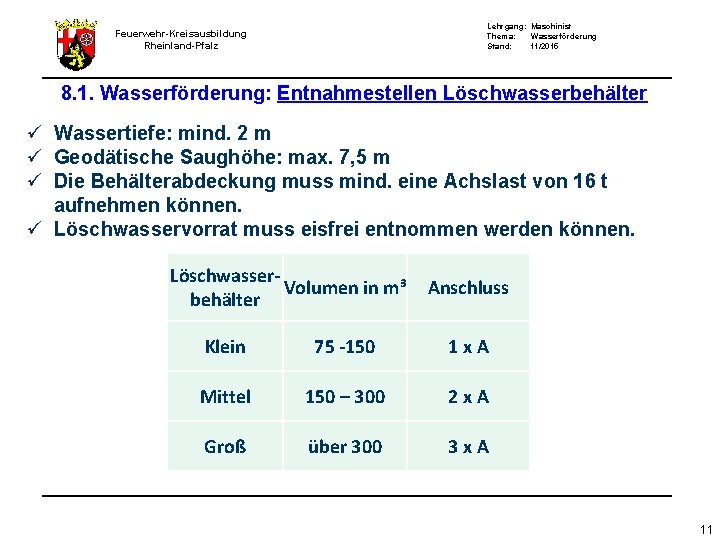 Lehrgang: Maschinist Thema: Wasserförderung Stand: 11/2015 Feuerwehr-Kreisausbildung Rheinland-Pfalz 8. 1. Wasserförderung: Entnahmestellen Löschwasserbehälter ü Lehrgang: Maschinist Thema: Wasserförderung Stand: 11/2015 Feuerwehr-Kreisausbildung Rheinland-Pfalz 8. 1. Wasserförderung: Entnahmestellen Löschwasserbehälter ü