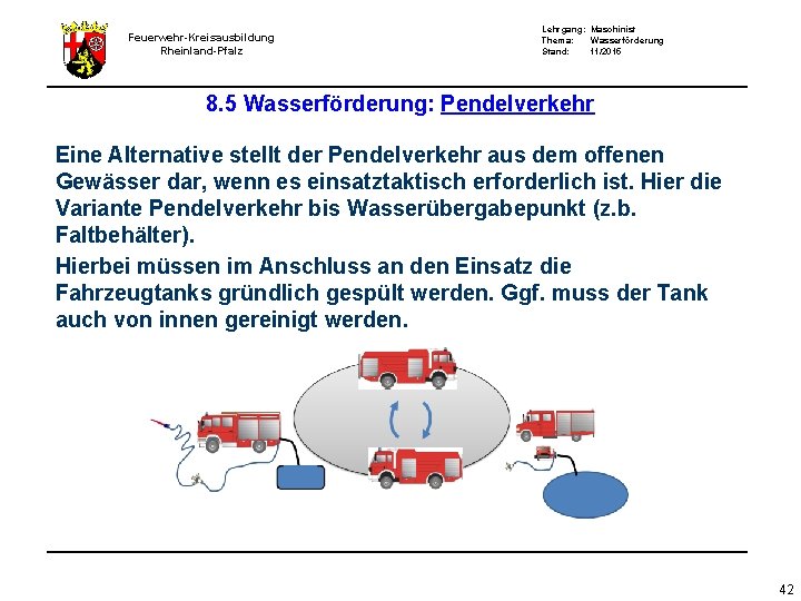 Feuerwehr-Kreisausbildung Rheinland-Pfalz Lehrgang: Maschinist Thema: Wasserförderung Stand: 11/2015 8. 5 Wasserförderung: Pendelverkehr Eine Alternative Feuerwehr-Kreisausbildung Rheinland-Pfalz Lehrgang: Maschinist Thema: Wasserförderung Stand: 11/2015 8. 5 Wasserförderung: Pendelverkehr Eine Alternative