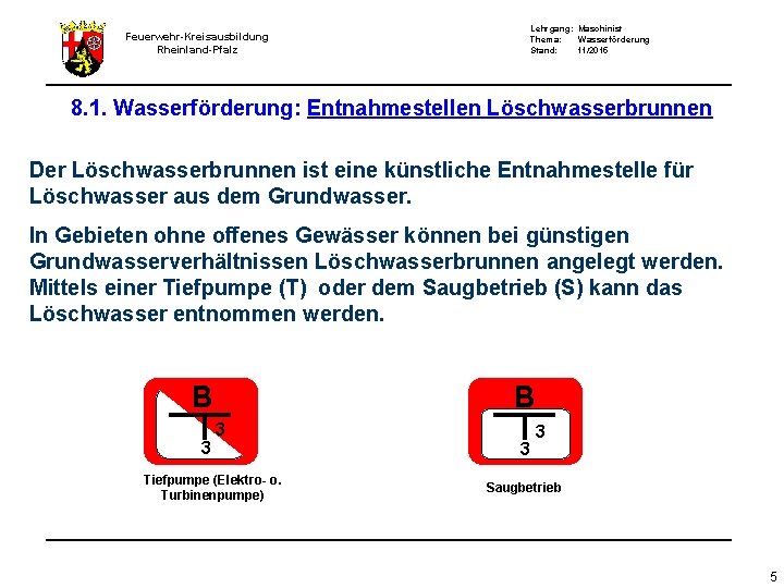 Lehrgang: Maschinist Thema: Wasserförderung Stand: 11/2015 Feuerwehr-Kreisausbildung Rheinland-Pfalz 8. 1. Wasserförderung: Entnahmestellen Löschwasserbrunnen Der Lehrgang: Maschinist Thema: Wasserförderung Stand: 11/2015 Feuerwehr-Kreisausbildung Rheinland-Pfalz 8. 1. Wasserförderung: Entnahmestellen Löschwasserbrunnen Der
