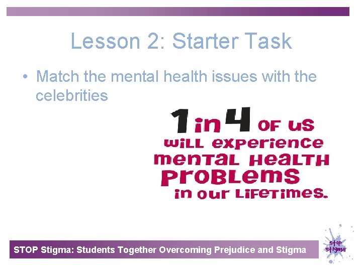Lesson 2: Starter Task • Match the mental health issues with the celebrities STOP