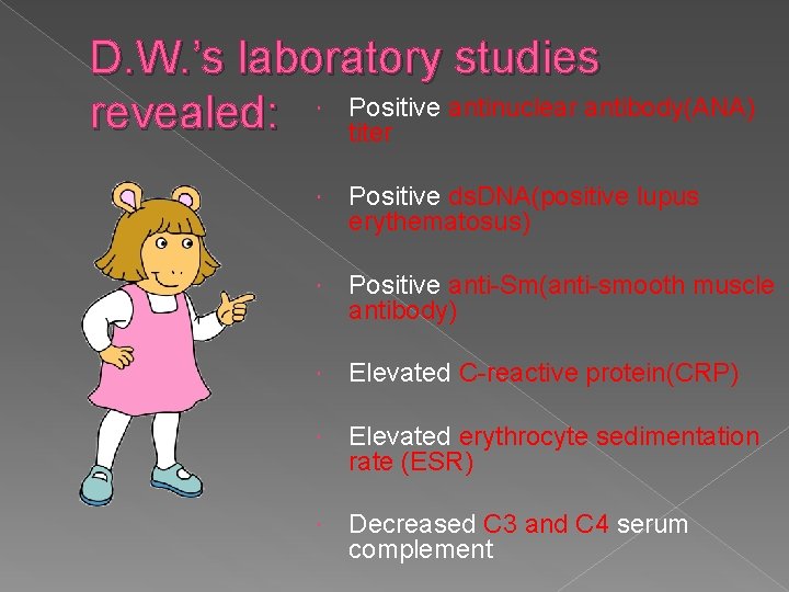 D. W. ’s laboratory studies antinuclear antibody(ANA) revealed: Positive titer Positive ds. DNA(positive lupus