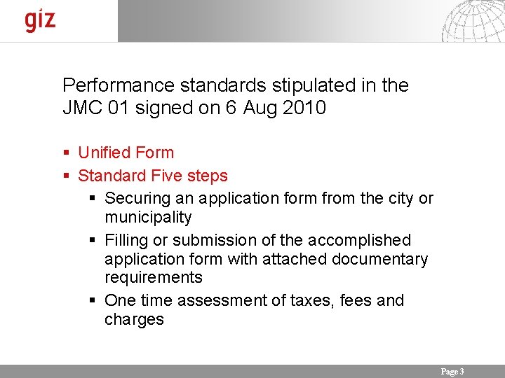 Performance standards stipulated in the JMC 01 signed on 6 Aug 2010 Unified Form