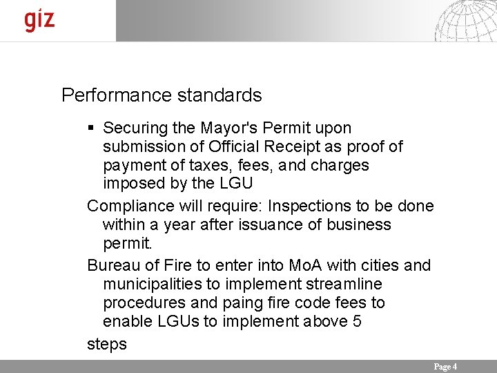 Performance standards Securing the Mayor's Permit upon submission of Official Receipt as proof of