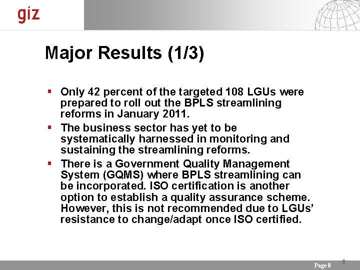 Major Results (1/3) Only 42 percent of the targeted 108 LGUs were prepared to