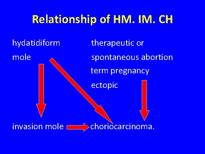 Relationship of HM. IM. CH hydatidiform therapeutic or mole spontaneous abortion term pregnancy ectopic