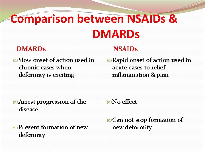 Comparison between NSAIDs & DMARDs NSAIDs Slow onset of action used in chronic cases