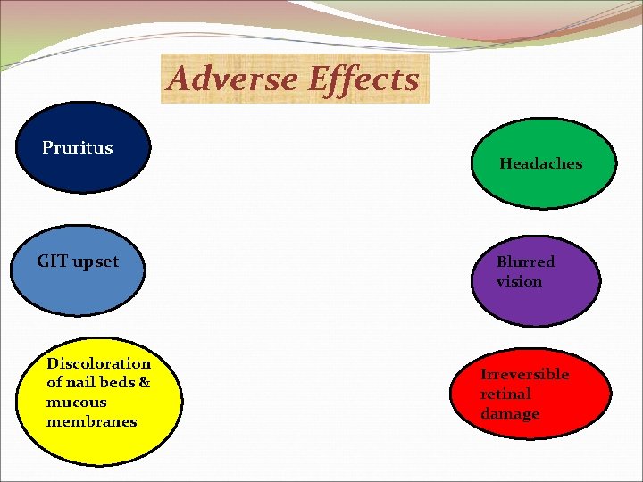 Adverse Effects Pruritus GIT upset Discoloration of nail beds & mucous membranes Headaches Blurred