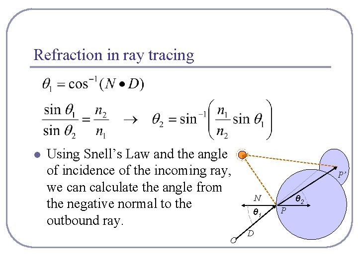 Refraction in ray tracing l Using Snell’s Law and the angle of incidence of