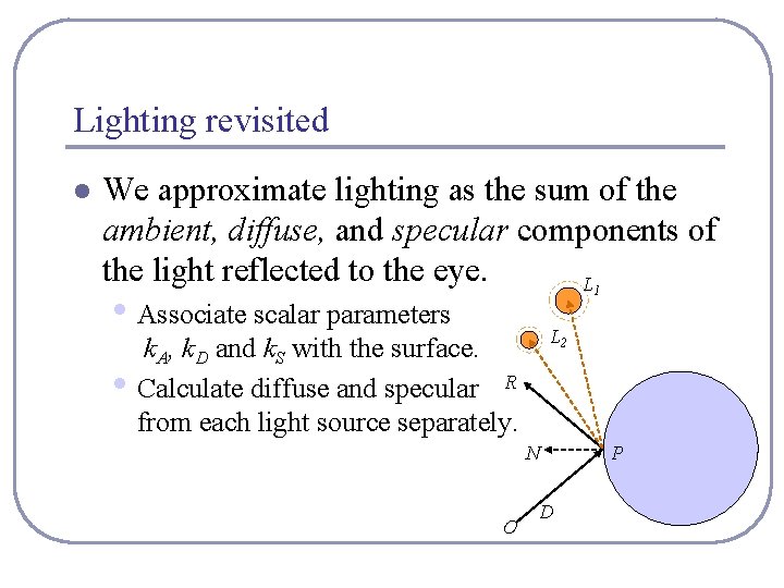 Lighting revisited l We approximate lighting as the sum of the ambient, diffuse, and