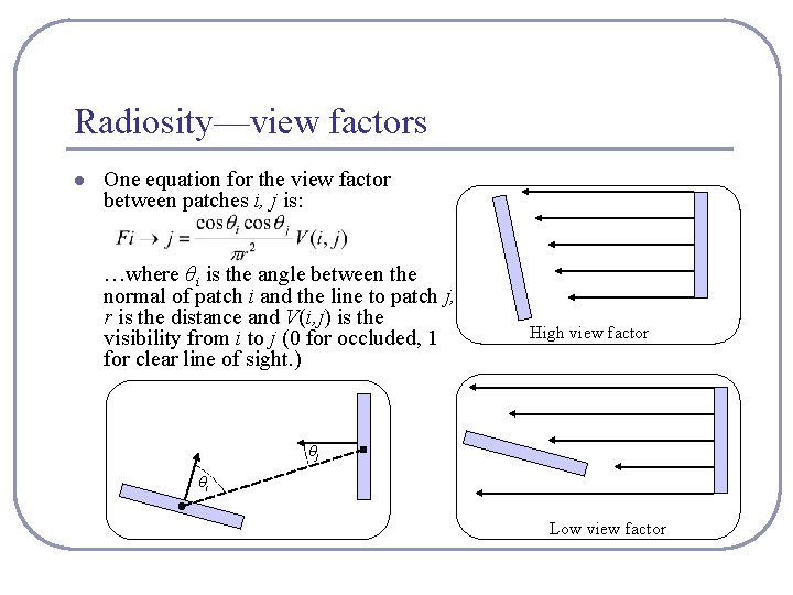 Radiosity—view factors l One equation for the view factor between patches i, j is: