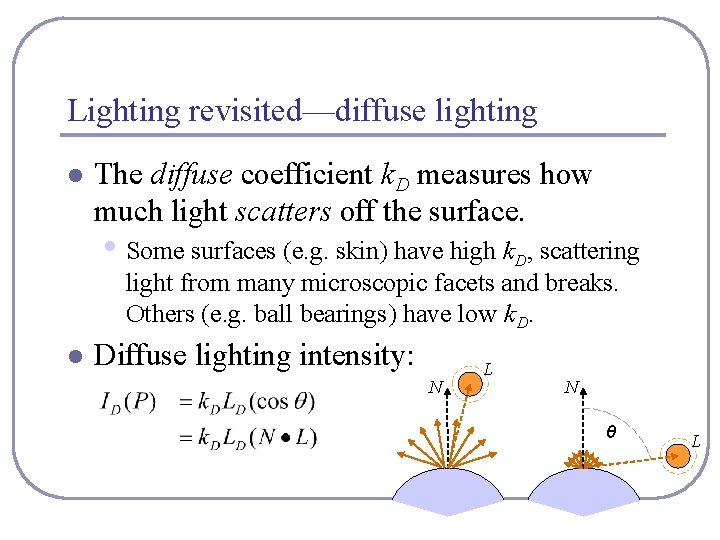 Lighting revisited—diffuse lighting l The diffuse coefficient k. D measures how much light scatters
