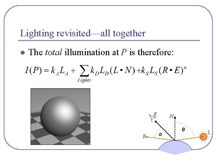 Lighting revisited—all together l The total illumination at P is therefore: E R N