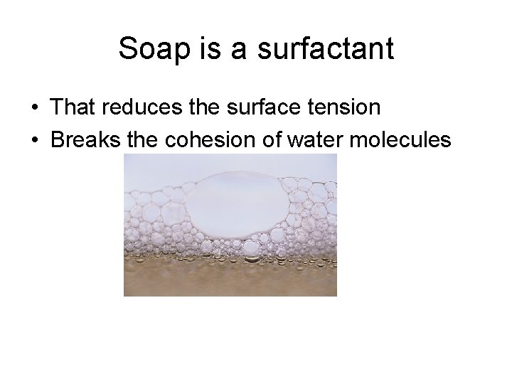 Soap is a surfactant • That reduces the surface tension • Breaks the cohesion