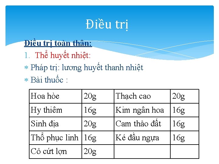 Điều trị toàn thân: 1. Thể huyết nhiệt: Pháp trị: lương huyết thanh nhiệt