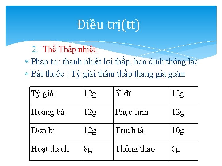 Điều trị(tt) 2. Thể Thấp nhiệt: Pháp trị: thanh nhiệt lợi thấp, hoa dinh