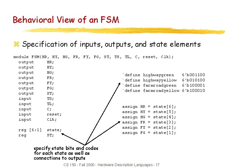 Behavioral View of an FSM z Specification of inputs, outputs, and state elements module