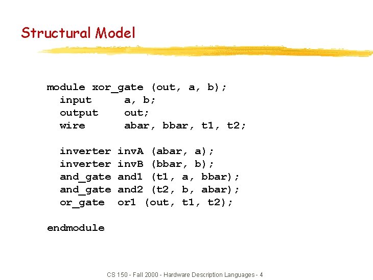 Structural Model module xor_gate (out, a, b); input a, b; output out; wire abar,