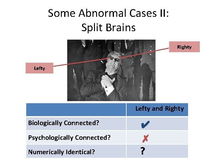 Some Abnormal Cases II: Split Brains Righty Lefty and Righty Biologically Connected? Psychologically Connected?