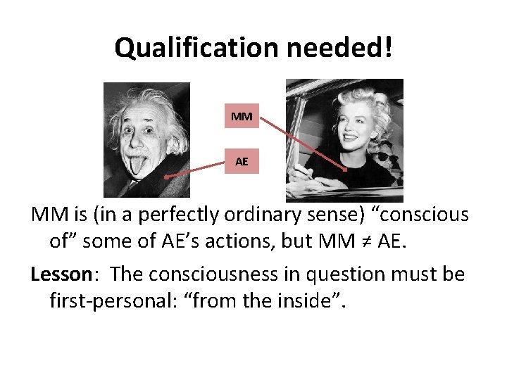 Qualification needed! MM AE MM is (in a perfectly ordinary sense) “conscious of” some