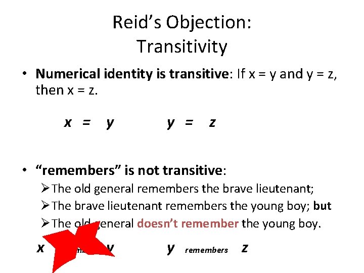 Reid’s Objection: Transitivity • Numerical identity is transitive: If x = y and y