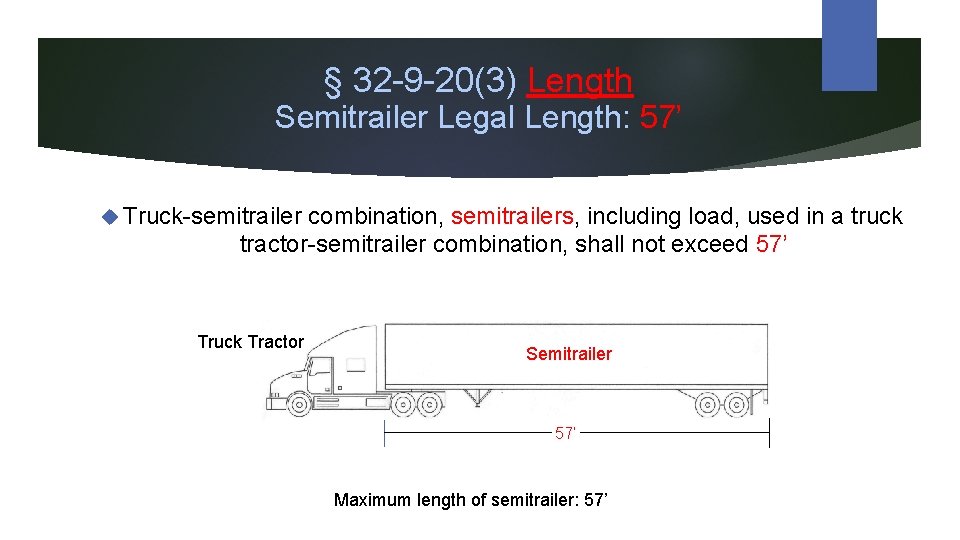 § 32 -9 -20(3) Length Semitrailer Legal Length: 57’ Truck-semitrailer combination, semitrailers, including load,