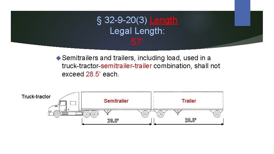 § 32 -9 -20(3) Length Legal Length: 57’ Semitrailers and trailers, including load, used