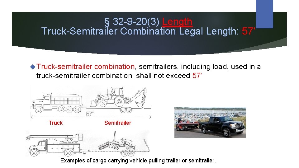 § 32 -9 -20(3) Length Truck-Semitrailer Combination Legal Length: 57’ Truck-semitrailer combination, semitrailers, including