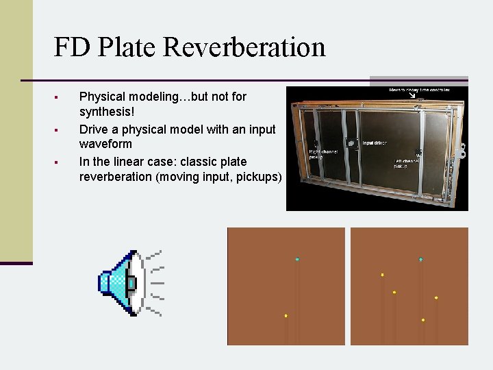 FD Plate Reverberation § § § Physical modeling…but not for synthesis! Drive a physical