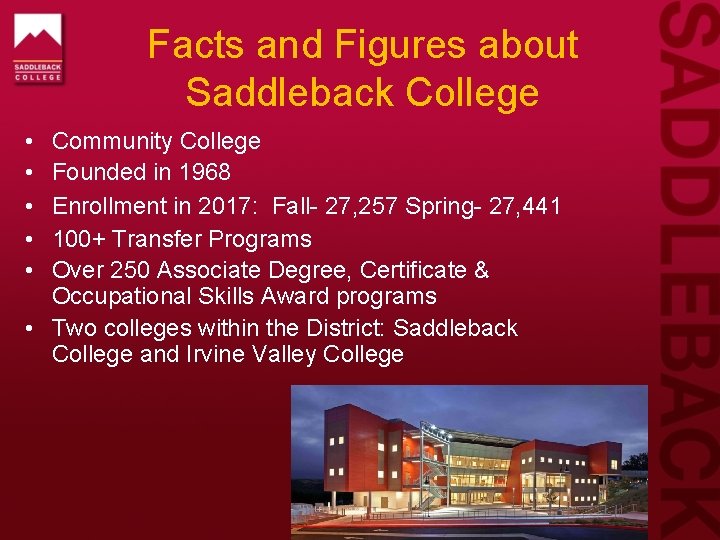 Facts and Figures about Saddleback College • • • Community College Founded in 1968