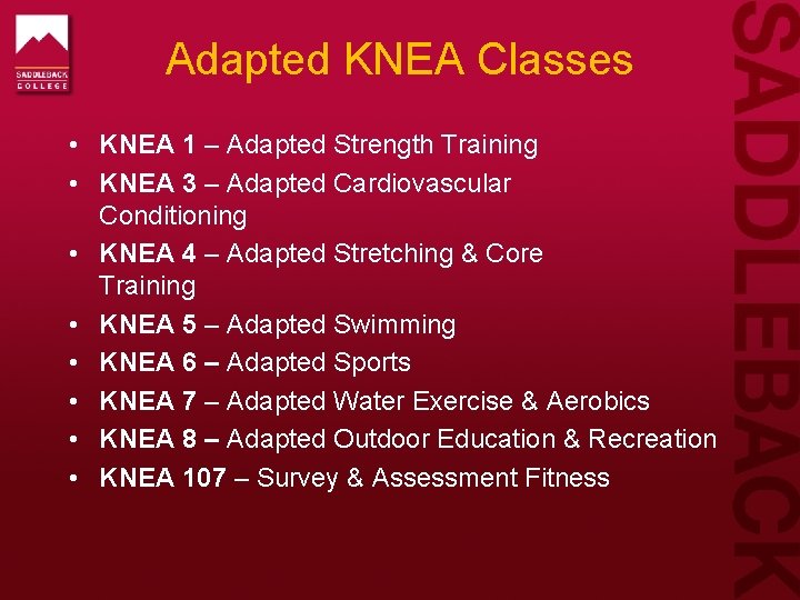 Adapted KNEA Classes • KNEA 1 – Adapted Strength Training • KNEA 3 –